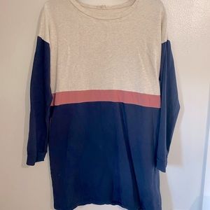 Long-sleeve Sweatshirt Dress, Navy and Cream with Pink stripe, Small